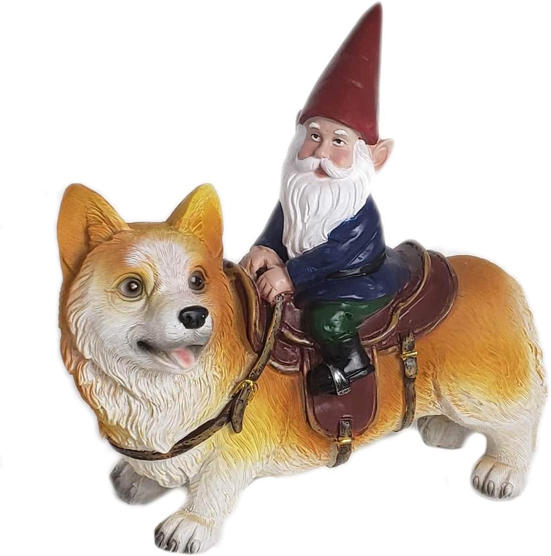 Garden Gnome Statue - Gnome Riding a Corgi - Indoor/Outdoor Garden Gnome Sculpture for Patio, Yard or Lawn