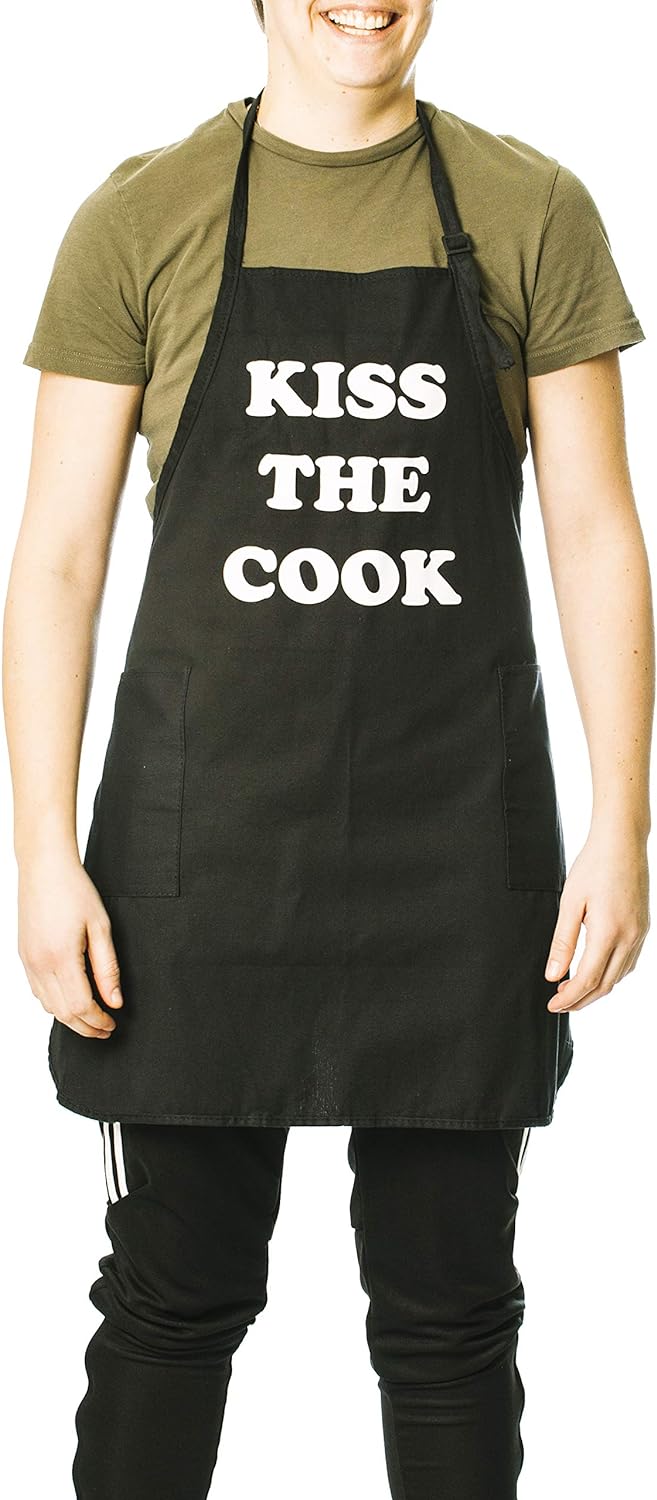 Kiss The Cook Adjustable Apron with Pockets - Funny Apron For Men & Women - Perfect for Kitchen BBQ Grilling Barbecue Cooking Baking