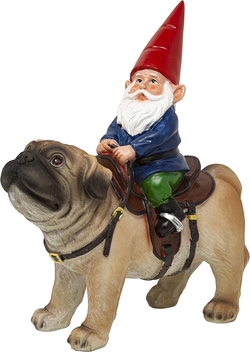 Garden Gnome Statue - Gnome Riding a Pug - Indoor/Outdoor Garden Gnome Sculpture for Patio, Yard or Lawn